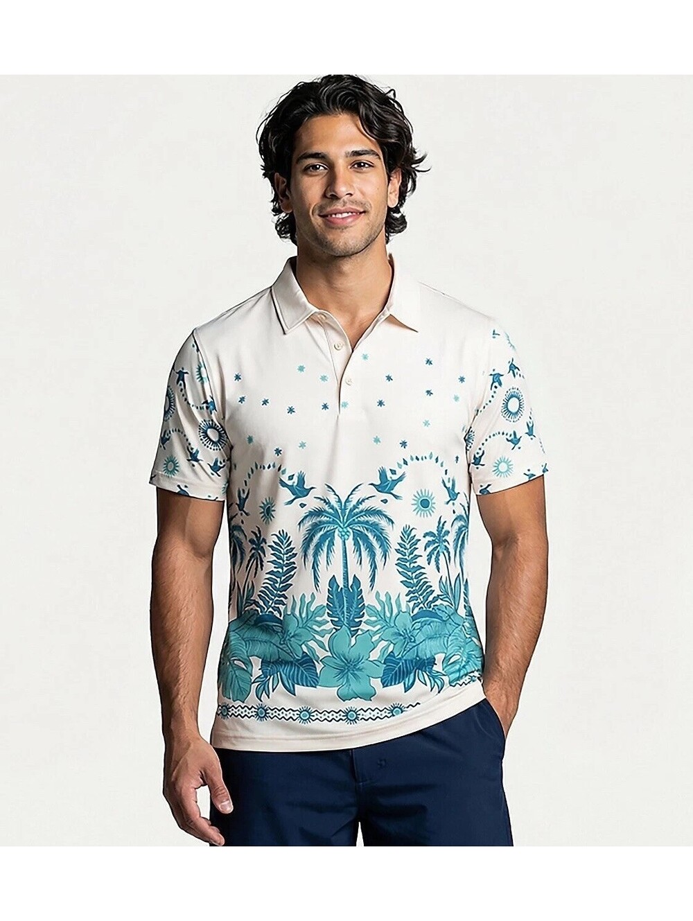 CHUBBIES Polo Men's Large The Scenic Route Tropical Performance Golf Cream Aqua